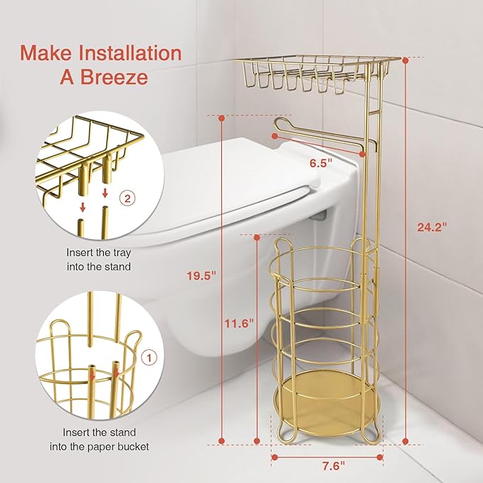 Goozii Gold Free Standing Toilet Paper Holder Stand with Phone Shelf, Floor Bathroom Tissue Holder for Large Mega Rolls, Metal Freestanding Toilet Paper Roll Holder with Wipes Storage Tray