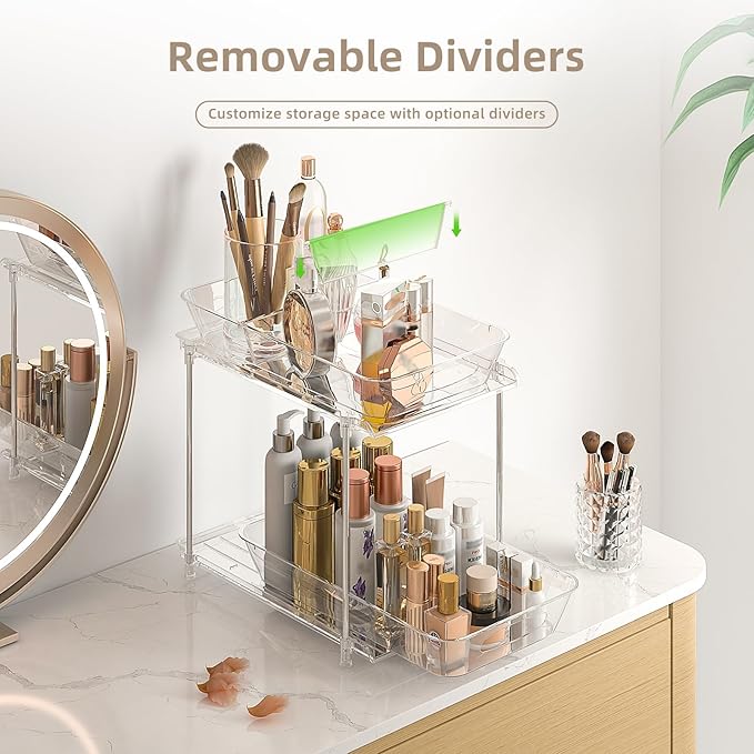 Sevenblue Under Sink Organizer, Bathroom Organizers and Storage, 2 Tier Multi-Use Pull Out Cabinet Organizer with Hang Hooks and Cups (transparent, 12 Inch)