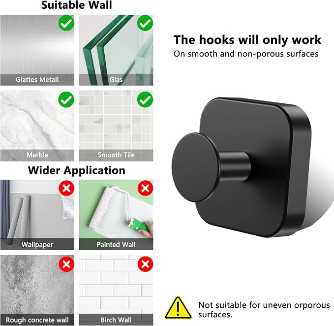 Aikzik Adhesive Hooks for Shower, Heavy Duty Replaceable Sticky Large Wall Towel Hooks for Hanging Towel, Robe, Coat, Stainless Steel Hook for Bathroom and Door, Waterproof & Rustproof - 2 Pack, Black