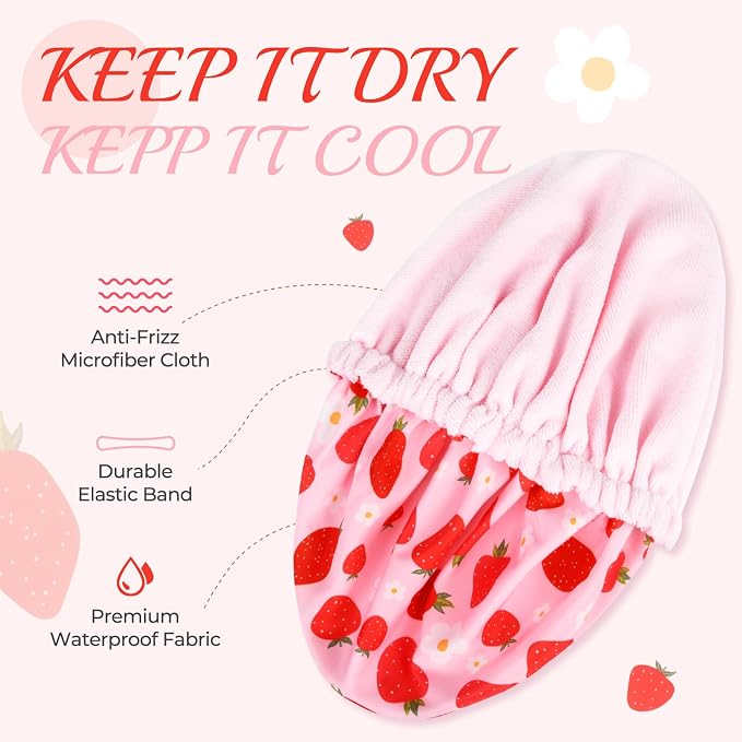 Shower Cap for Women Terry Lined Bath Cap Large Reusable Waterproof Elastic Band Pink Strawberry Shower Caps for Long Thick Hair Soft Bath Shower Hair Caps