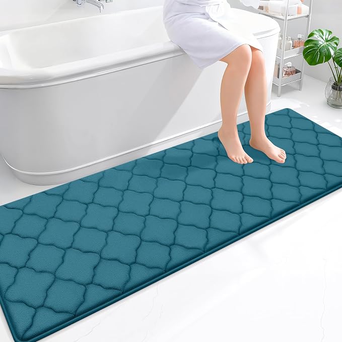 OLANLY Memory Foam Bath Mat Rug 70x24, Soft Bathroom Rugs, Peacock Blue | Thick Absorbent Carpet, Non-Slip Backing, Machine Washable, for Bathroom Floor, Tub, Shower and Home Decor Accessories