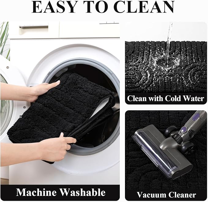 Vaukki Black Bathroom Rugs Sets 3 Piece, 32x20+26x18+24x20 Inch | Washable Non Slip Soft Bath Mats for Shower and Tub, Plush Absorbent Microfiber Toilet Rug U Shaped