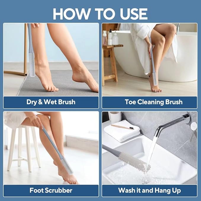 2Pack Toe Cleaning Brush,15.7" Silicone Foot Scrubber in Shower with Long Handle Cleaning Bath Foot Brush for shower Gentle Foot Exfoliating Lotion Applicator for Seniors,Elderly, Men and Women (Grey)