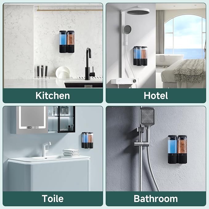 Shampoo and Conditioner Dispenser 2 Chamber No Drill Shampoo Dispenser for Shower Wall Mounted Shower Soap Dispenser 2 * 500ml Refillable Shower Dispenser for Bathroom Hotel(Black 2 Chamber)