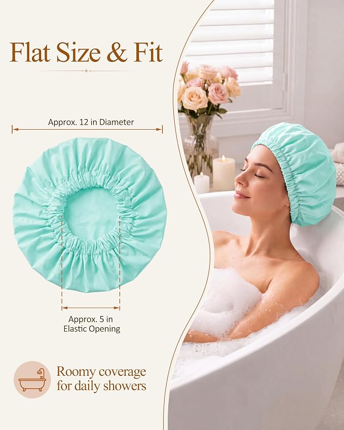 Edoneery Shower Caps for Women Reusable Waterproof, Shower Hair Cap | Washable Bonnet, Wide Elastic Band, Large Fit, Holds Long Hair, Braids Friendly, Bath Accessories, Spa, Travel