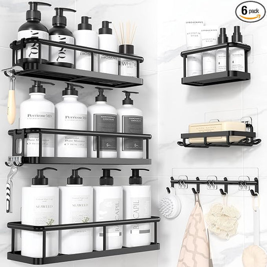 Shower Caddy Adhesive, Rustproof Shower Organizer with Soap Holder, Large Capacity Shower Shelves for Inside Shower, No Drilling Bathroom Organizers and Storage for Home Decor 6 Pack Black