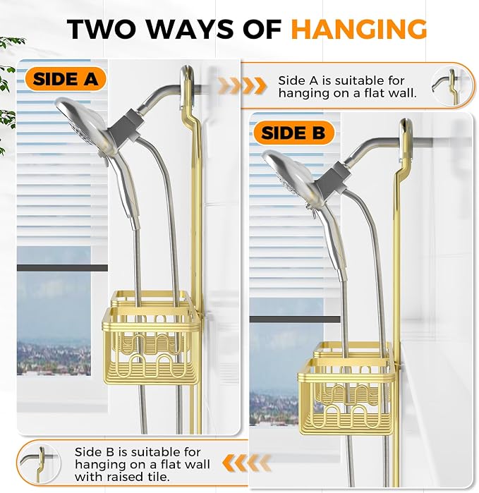 Adjustable Aluminum Shower Caddy Hanging for Handheld Showerhead, Gold | Rustproof Aluminum, Shower Organizer, Anti-Slip, Quick-Drain Shelf, 40lbs Capacity, Suction Cups, 8 Hooks, Razor Soap Holders