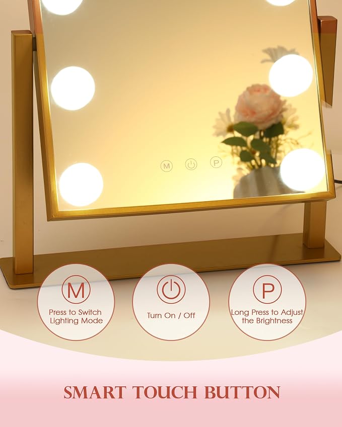 BWLLNI Lighted Makeup Mirror, Gold Vanity Mirror with Lights,9 LED Bulbs | Hollywood Mirror Touch Control Design 3 Colors Dimmable Bulbs Detachable 10X Magnification 360°Rotation