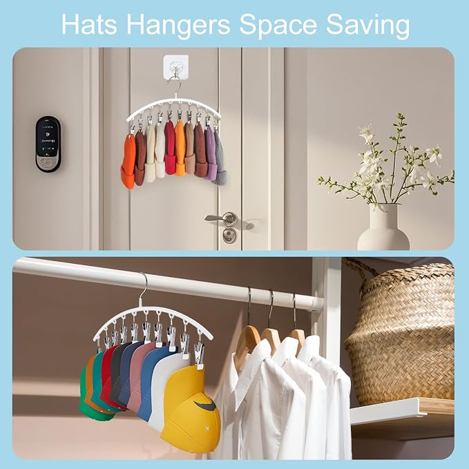 Cuipingoo Hat Hangers for Closet, Metal 2 Pack Hat Organizer Holder for Hanger Closet Display, Hat Racks for Baseball Caps w/10 Clips, Hat Holder for Ball Caps & Accessories, for Men Women, White