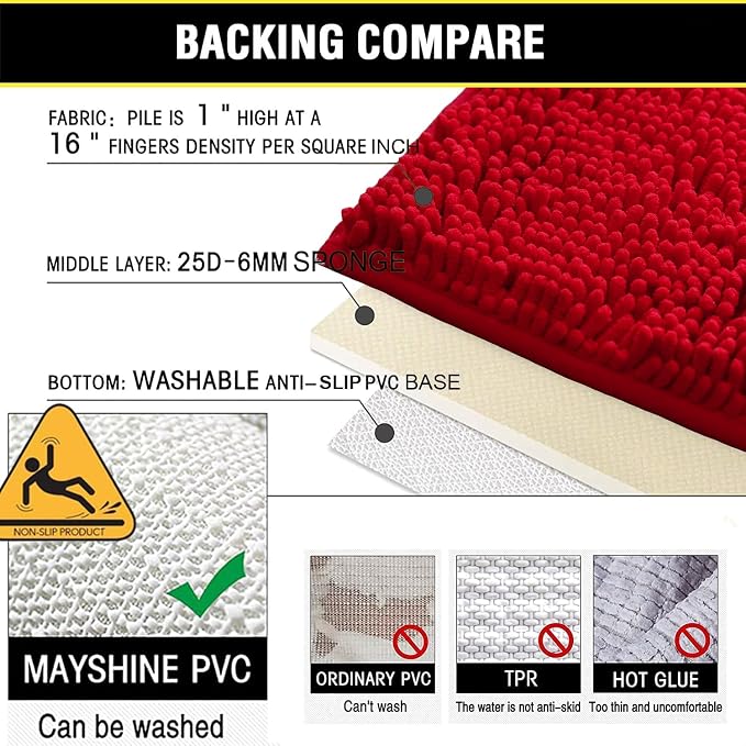 BOANKODU Red Bathroom Rugs Sets 2 Piece, Absorbent Bath Mat for Bathroom Very Soft Chenille Non-Slip, 32x20 Inch + 20x20 Inch U Shape Bathroom Mat, Machine Washable
