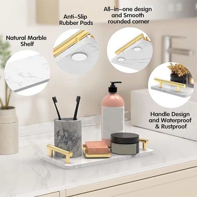 XZHXFX Guest Towel Holder Tray for Bathroom,Marble Slab with Handles -Napkin Holder for Kitchen - Bathroom Tray (Gold,Small)
