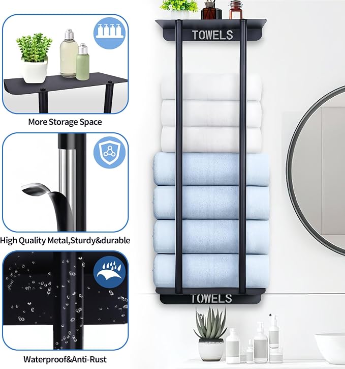 Bathroom Towel Storage Rack,30 Inch Towel Racks for Bathroom Wall Mounted with Shelf Can Holds 8 Large Towels, Metal Wall Towel Rack for Rolled Towels,Folded Towels (Black)
