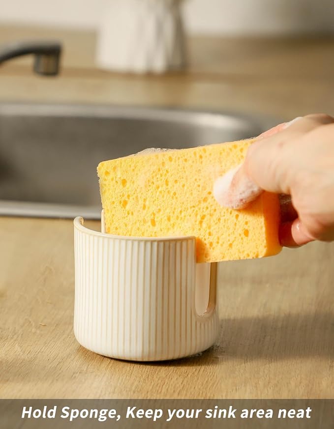 Sponge Holder for Kitchen Sink Countertop, Ceramic Scrub Sponge Dish Holder, Compact Sink Caddy Organizer Accessories for Dish Brush, Scrubber, Glazed White