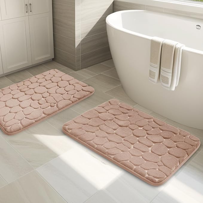 YIHOUSE Bathroom Rugs Mat Set, Memory Foam Bath Mat 2 Piece Khaki | 17x24&20x32, Non Slip, Water Absorbent, Washable, Bath Mat For Bathroom, Sink and Toilet