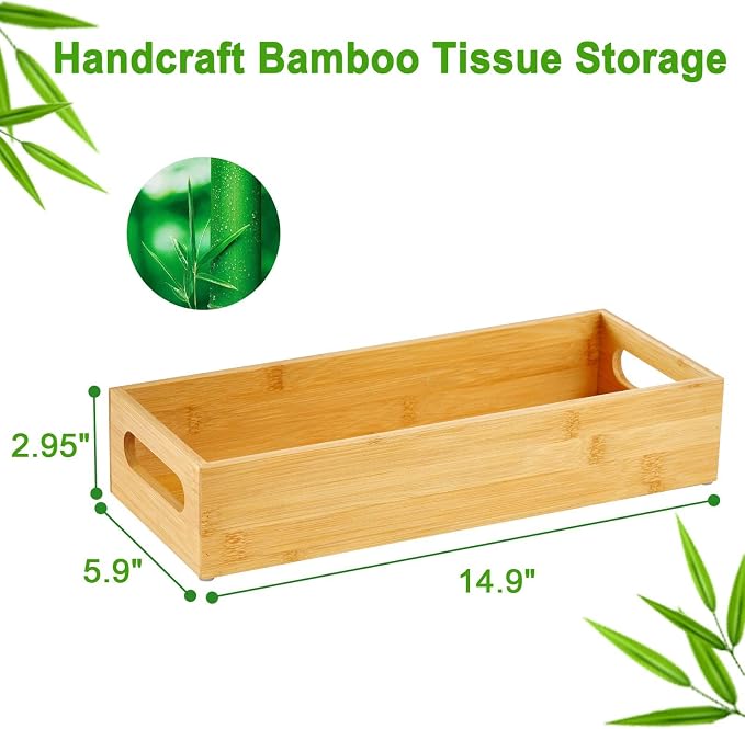 VITVITI Toilet Tray for Bathroom, Bamboo Toilets Paper Storage with Handles, Toilet Paper Tray Holder Organizer Basket for Top Tank/Kitchen Counter Natural,14.9x5.9 Inch