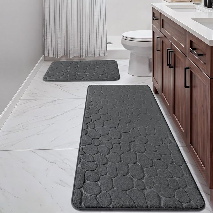 YIHOUSE Bathroom Rugs Mat Set, Memory Foam Bath Mat 2 Piece Dark Grey | 17x24&20x46, Non Slip, Water Absorbent, Washable, Bath Mat For Bathroom, Sink and Toilet