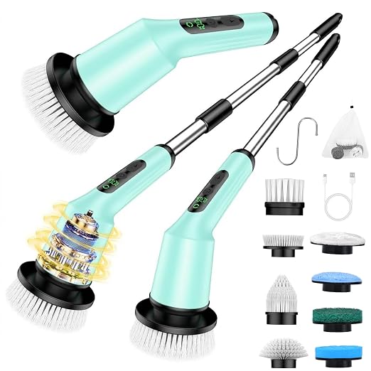 Electric Spin Scrubber for Bathroom, Shower Scrubber with Long Handle | Shower Cleaner Brushes, IPX7 Waterproof & 2 Speed, 8 Brush Heads, 90min Runtime, Bathroom Cleaning Supplies for Toilet Tub