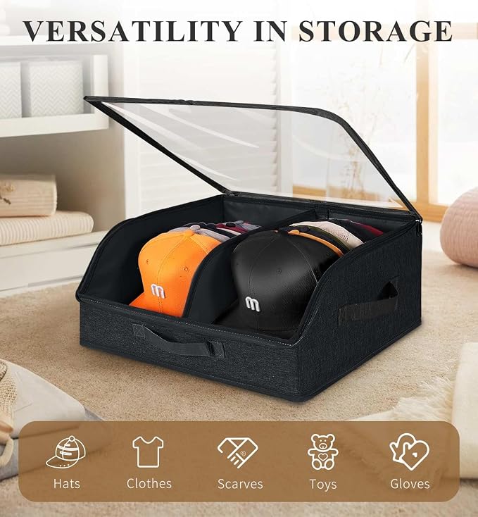 Hat Organizer for Baseball Caps, 2 Compartments Clear Window Hat Box for Closet Hold Up to 24 Caps, Hat Storage Holder Container with Sturdy Cardboard for Home Storage | Black