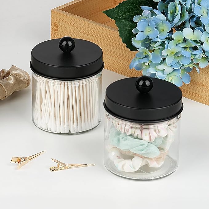 SheeChung Glass Mason Jar Qtip Holder, Black Stainless Steel Lids, 2 Pack | Clear Apothecary Jar Canisters Set,Bathroom Jar Dispenser,Vanity Storage Organizer for Cotton Swab,Ball,Floss,Farmhouse Decor