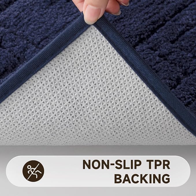 Pauwer Bathroom Rugs Sets 3 Piece, Plush Absorbent Bath Rug, Navy | Microfiber Bath Mat Set, Non Slip Washable, Quick Dry Floor Carprt, Soft U Shaped Toilet Mats For Bathroom Shower Sink