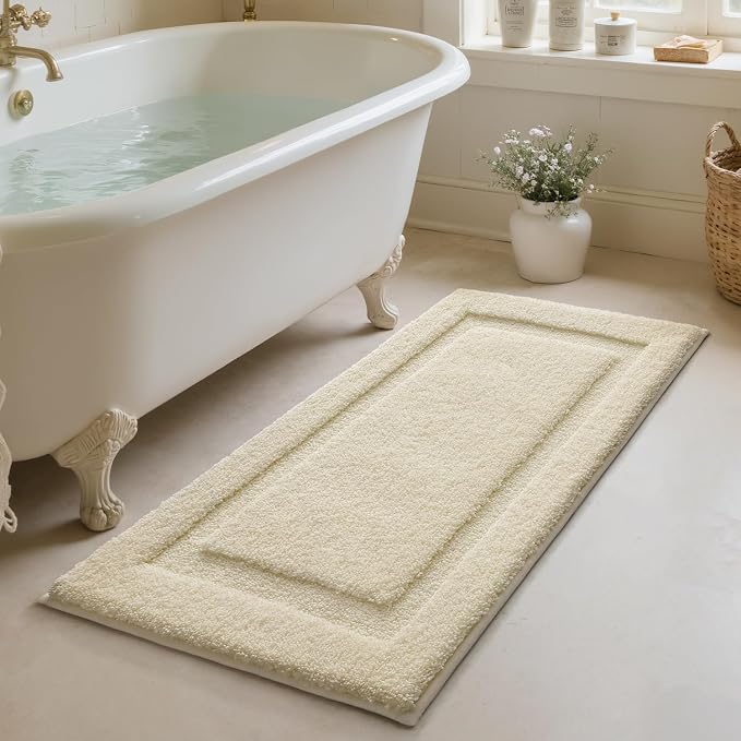 LUMI Soft Bathroom Rugs Absorbent, Non Slip Bath Mat 24x60, Ivory White | Machine Washable with Rubber Backing, Quick Dry, Premium Microfiber Carpet for Bathtub and Shower Floor