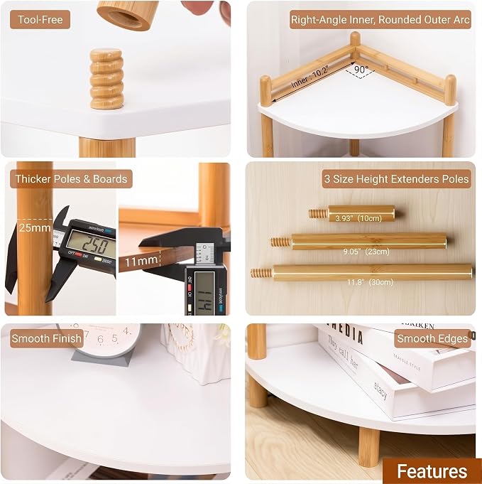 4-Tier Expandable Bamboo Corner Shelf Stand,Corner Bookshelf, Display Storage Shelves with Open Shelves, for Organization and Storage, Living Room, Home Office, Garage (White, 4-Tier WithRail)