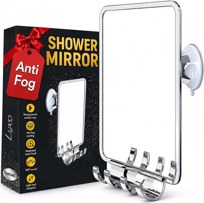 Luxo Shower Mirror, Shower Mirror fogless for Shaving with a Removable Razor Holder - Shaving Mirror for Shower with a Powerful Suction Cup - Shatterproof fogless Mirror for Shower (Chrome)