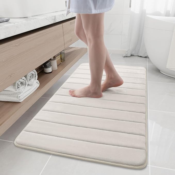 Buganda Memory Foam Bath Mat 47 x 24, Ultra Soft Absorbent Bathroom Rugs | Cream, Machine Washable Quick Dry Bath Mats for Bathroom Floor, Shower and Tub, Home Decor Accessories