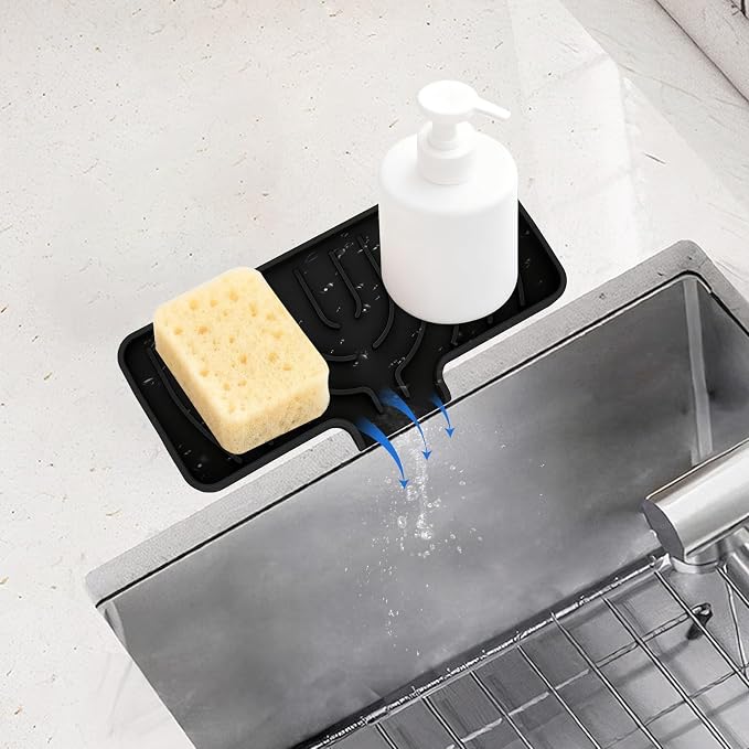 Silicone Sponge Holder for Kitchen Sink With Drain Spout, Self Draining, Kitchen Soap Tray, Bathroom Organizer, Sink Caddy (Black, 10×4)