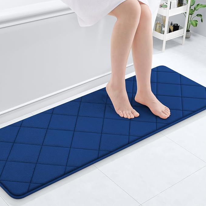 OLANLY Memory Foam Bath Mat 47x17, Ultra Soft and Absorbent Bathroom Rugs | Navy, Quick Dry, Machine Washable Shower Bath Rugs, Comfortable Bath Carpet for Bathroom Floor, Tub and Shower
