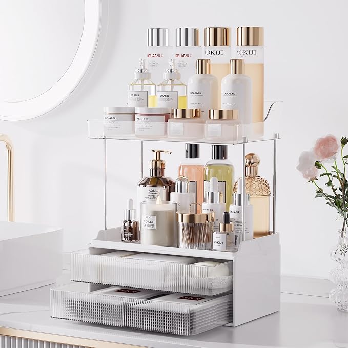Bathroom Counter Organizer, TidyStash 2-Tier 2-Drawer Makeup Organizer Countertop, Easy to Install, Ideal for Bathroom Storage, Vanity, Perfume, Large Skincare Items, Present, and More, Clear