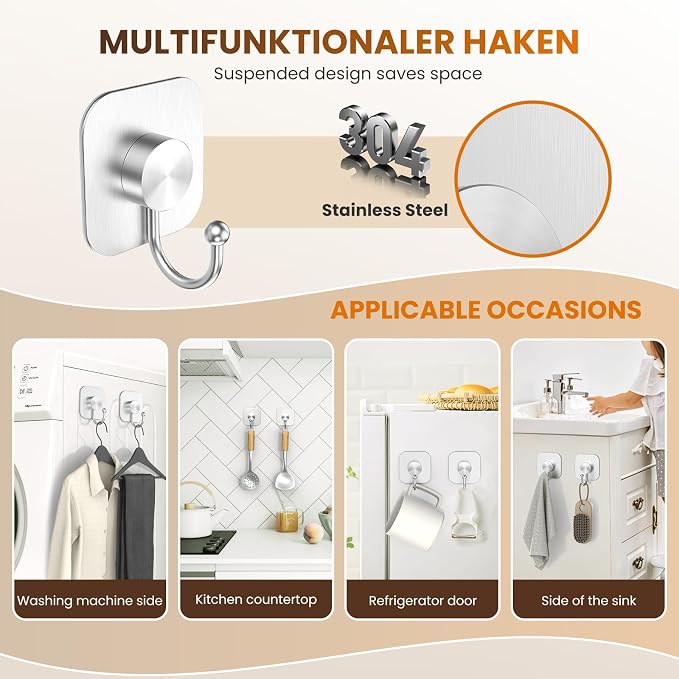 Aikzik 4 Pack Large Heavy Duty Wall Hooks - 26lb Max, Stainless Steel Adhesive Towel Hook, Shower Hooks for Hanging Towel, Coat, Robe, Wall Hook for Use in Bathroom, Kitchen and Door