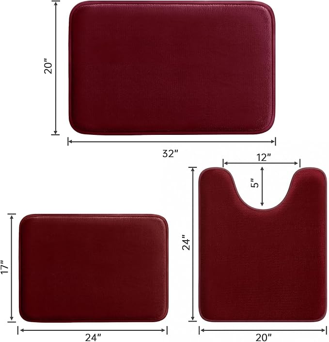 HUXMEYSON 3-Piece Memory Foam Bathroom Rug Set, Red | Quick Dry Velvet Surface, Non-Slip & PVC Backing, Ultra Soft Bath Rugs for Bathroom, 17"x24"+20"x32"+U Shape 20"x24"