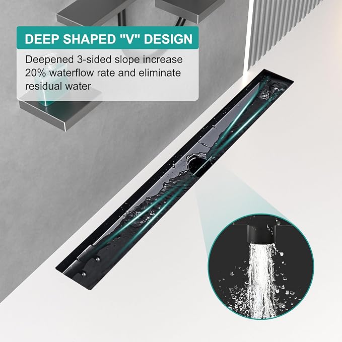 BARONAGE 24 Inch Linear Shower Drain, Reversible Tile Insert, Matte Black | 304 Stainless Steel Linear Drains, Rustproof, Hair Catcher, Rectangle Shower Floor Drain With Leveling Feet For Bathroom