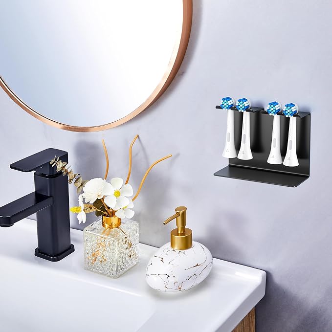 Electric Toothbrush Head Holder, Tooth Brushing Holder, Wall Mounted Toothbrush Holders Shower Bathroom, Self Adhesive or Desktop Tooth Brush Holder Organiser (Black, Medium)