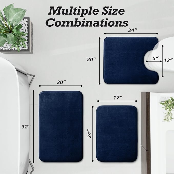 Bathroom Rugs Sets 3 Piece, Non-Slip & Quick Dry Bath Mat Set, Ultra Soft Velvet Bath Rugs for Bathroom, Toilet and Shower Floor, Navy