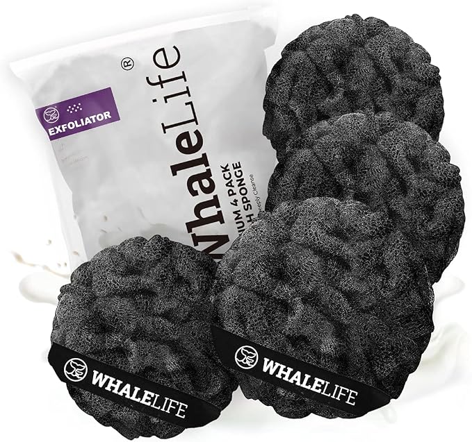 Loofah Sponge Bath Sponge for Women Men 4 Pack (Black Rough Surface) | 10X Suds Save Body Wash Double Knotted Anti Tear Core Fast Dry Cotton Loop Stay Fresh Large Mesh for Sensitive Skin