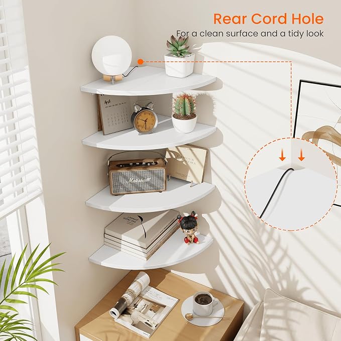 Homode Corner Floating Shelves, Set of 4 Round Corner Shelf Wall Mount with Cord Hole, 12 Inch Wood Curved Corner Hanging Shelf for Cable Box, Speaker, TV Cords, Books, Plants, White