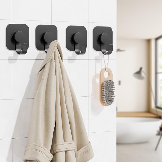 Aikzik 4 Pack Large Heavy Duty Wall Hooks - 26lb Max, Stainless Steel Adhesive Towel Hooks for Hanging Towel, Coat, Robe, Sticky Towel Holder for Wall Mount in Bathroom, Kitchen, Shower, Door - Black