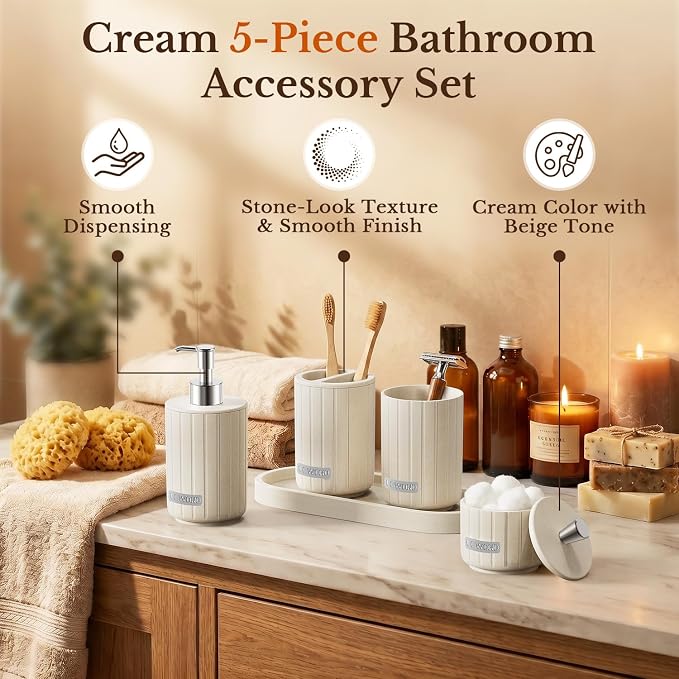 Cream Bathroom Accessory Set 5 Piece with Soap Dispenser, Storage Jar, Bathroom Counter Tray, Toothbrush Holder and Toothbrush Cup, Modern Stone-Effect Bathroom Countertop Decor Bath Sets
