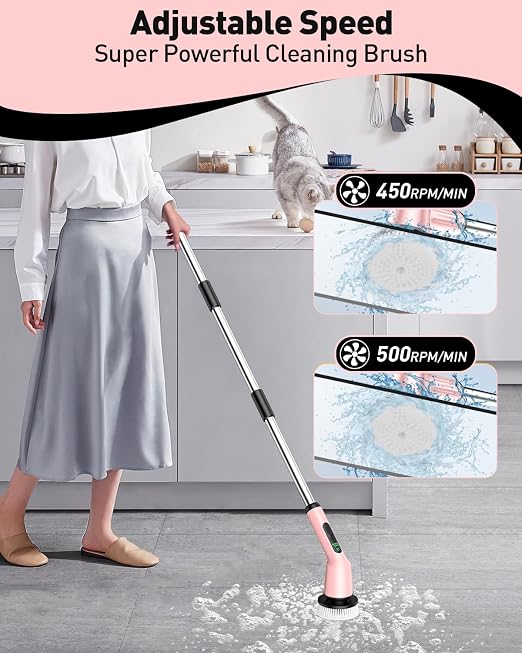 Electric Spin Scrubber for Bathroom, Shower Scrubber with Long Handle | Shower Cleaner Brushes, IPX7 Waterproof & 2 Speed, 3 Brush Heads, 90min Runtime, Bathroom Cleaning Supplies for Toilet Tub