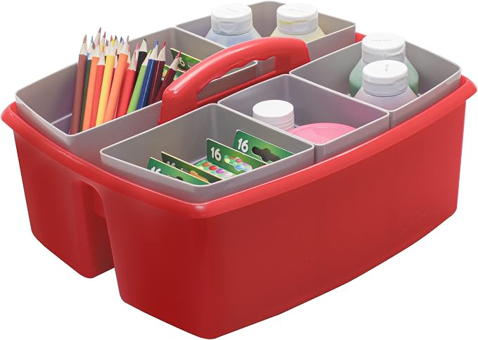 Storex Large Classroom Caddy with Cups, 13 x 11 x 6.575 Inches, Red, Case of 2 (00981U02C)