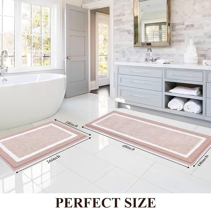 Pauwer Bathroom Rugs Sets 2 Piece, Non Slip Washable Bath Mat, Dusty Pink | Soft Plush Microfiber, Super Absorbent Floor Carpet, Quick Dry, Shaggy Shower Rug Runner