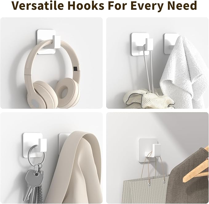 GWAAZXGZ Square Self Adhesive Towel Hooks - 4 Pack Matte White Metal Hooks, Right-Angle Design for Towels, Robes & Hats, Organize Bathroom, Kitchen, Entryway, Doors, Cabinets on Smooth Surfaces