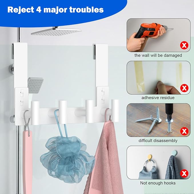 PMMASTO No-Drill Extra Long Shower Hooks, Fits 3/8" Thick Door, Heavy Duty Stainless Steel Towel Hooks for Frameless Glass Shower Door, Holds Bathrobe Towel (White, 4 T-Hooks)