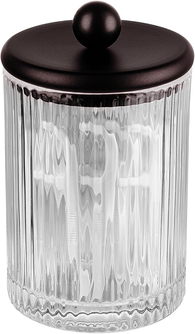 SheeChung 2 Pack Bronze Ribbe Glass Qtip Holder with Metal Lids | Apothecary Jars Bathroom Organizer Countertop Vanity Canister Set for Cotton Swabs, Rounds, Floss Picks-Modern Luxury Decor
