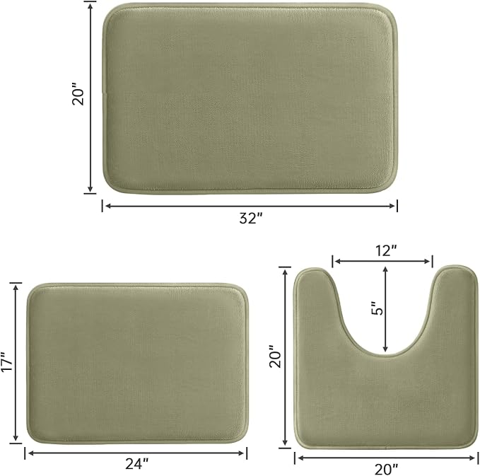 HUXMEYSON 3-Piece Memory Foam Bathroom Rug Set, Olive Green | Quick Dry Velvet Surface, Non-Slip & PVC Backing, Ultra Soft Bath Rugs for Bathroom, 17"x24"+20"x32"+U Shape 20"x24"