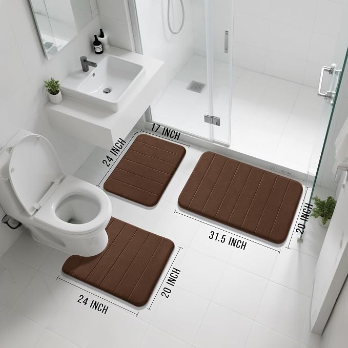 Yimobra Memory Foam Bath Mat Set 3 Pieces- Super Soft Absorbent Quick Dry Bathroom Rug Sets, Machine Washable Non Slip Floor Carpet for Tub Shower, Vanity & Toilet Base, Brown