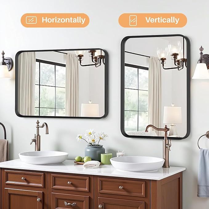 Bathroom Mirror for Wall, 30x22 Inch Rectangle Mirror, Matte Black Metal Framed Bathroom Vanity Mirror for Restroom Farmhouse, Anti-Rust, Tempered Glass, Horizontally or Vertically Hanging
