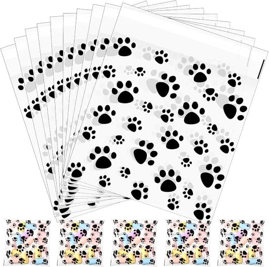 Pasimy 200 Pcs Paw Plastic Bags Pet Cellophane Bags Self-adhesive Clear Treat Pouches for Pet Dog Theme Party Supplies Decor(Clear Black)